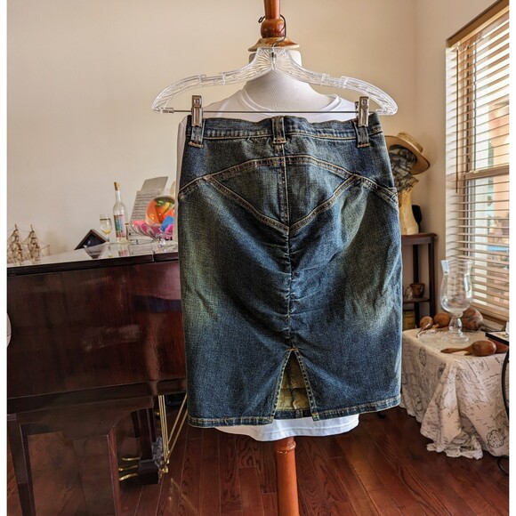 Vintage Cache Ruched Knee Length Denim Jean Skirt Sz 0 - Picture 8 of 13